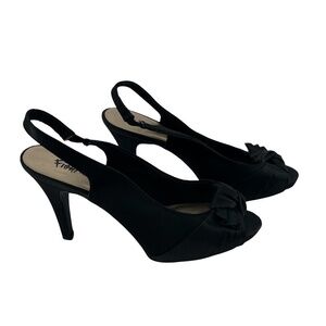 Fioni Night Black Satin Sling Back Peep Toe Bow Heels Bow Size 8 W Women’s